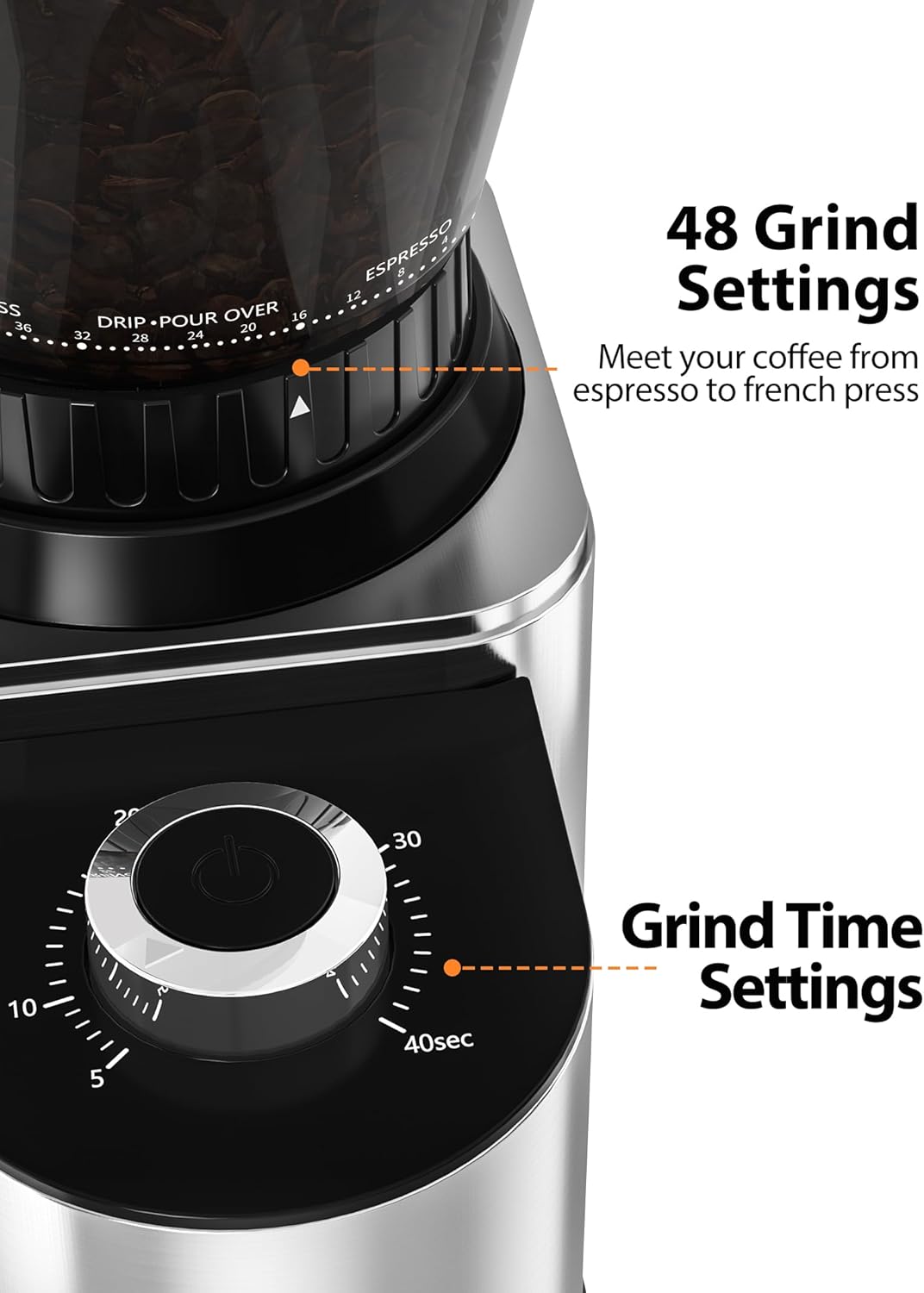 Conical Coffee Bean Grinder, 48 Settings, Anti-Static, Sliver – features