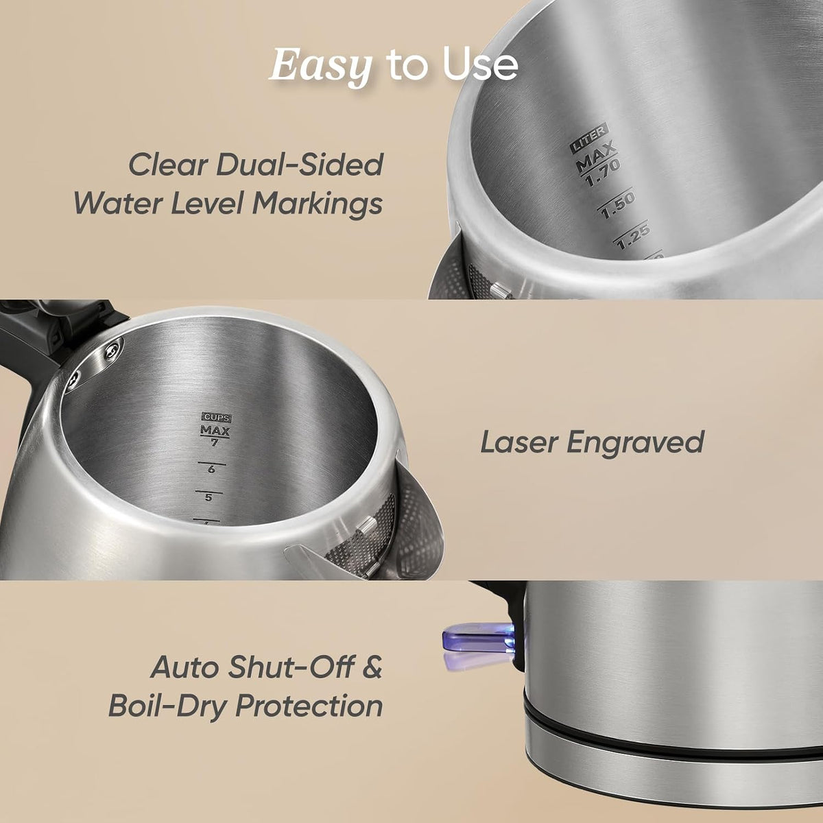 Stainless Steel Electric Kettle, No Plastic Contact with Water, 1.7L – set view
