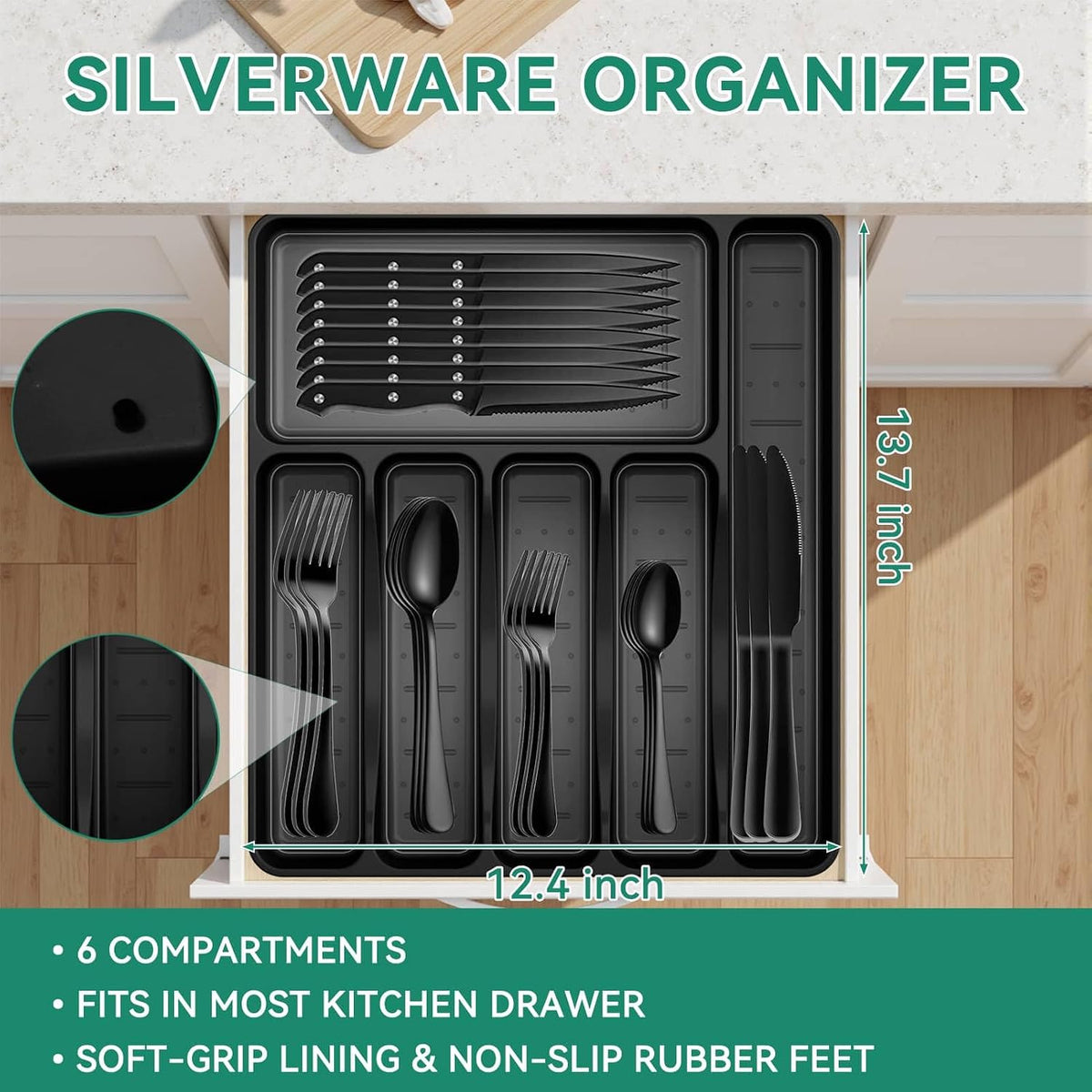 49PCS Silverware Set with Organizer, Stainless Steel Forks and Spoons – close-up