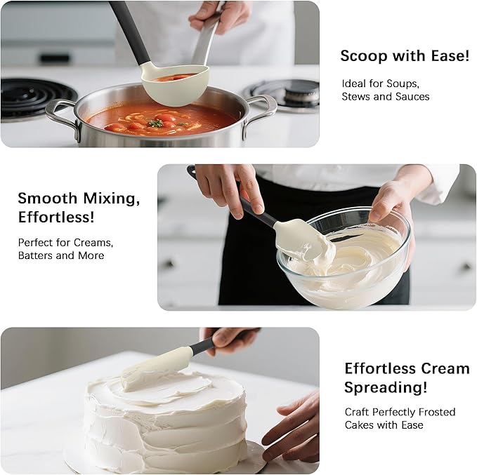 Silicone Kitchen Cooking Utensils Set with Holder – 14, Beige