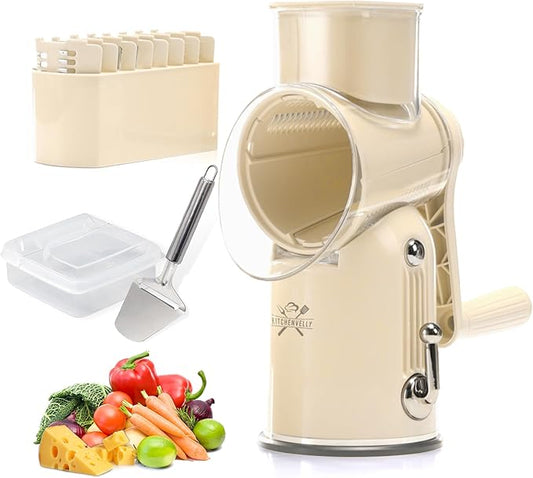 5-in-1 Rotary Cheese Grater with Hand Crank – Multi-Functional Vegetable Slicer, Nut & Cheese Shredder – Easy to Clean Food Grater (Beige)