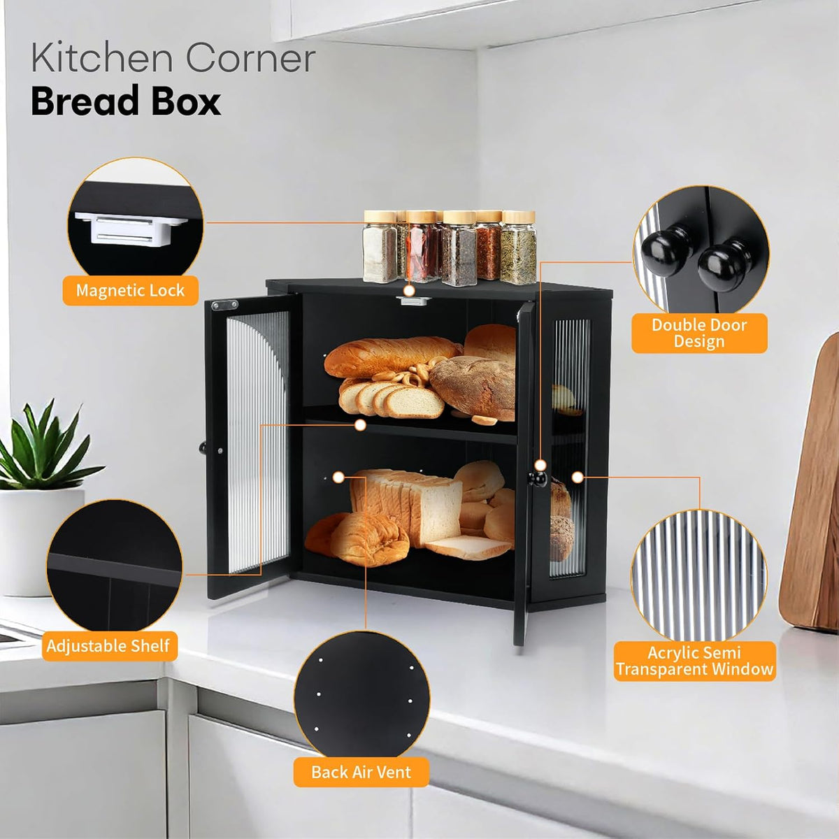 Corner Bread Box for Kitchen Countertop,Double Layer Bread Holder – features