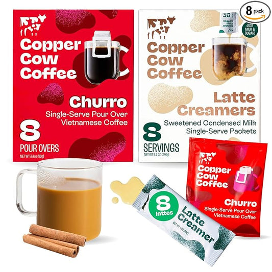 Copper Cow Coffee Pour Over Vietnamese Coffee Pouches + Sweetened Condensed Milk Creamers (8 Coffees & 8 Milk Creamers) | Churro Lattes, No Refrigeration Needed, Travel Friendly