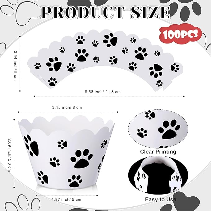 Baking Cups, 100 Count Dog Paw Print Cupcake Liners in Black and White