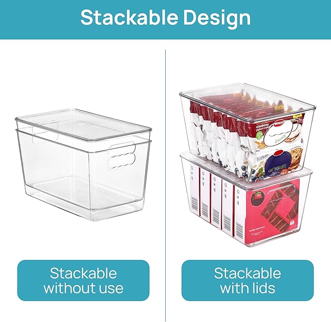 Kitchen Storage Bins with Lids, 12 Pack, Clear Stackable Plastic