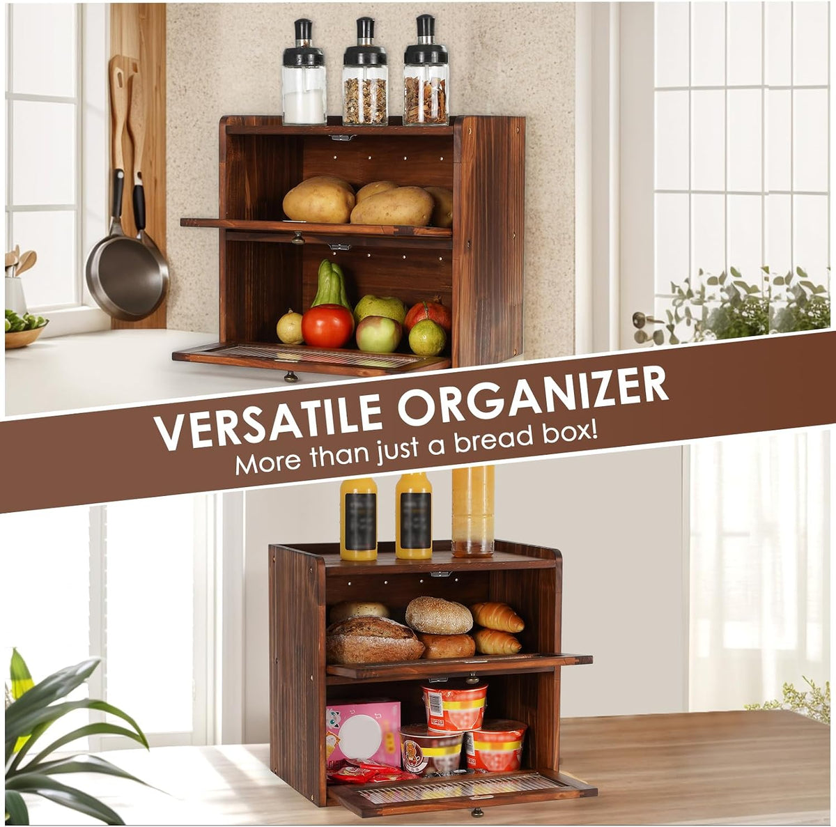 Bread Box for Kitchen Countertop Wooden Bread Storage Container Bin 2 Layer – size reference