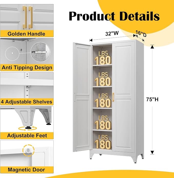 Pantry Cabinet, 75-Inch Tall White Metal with Doors and 4 Shelves