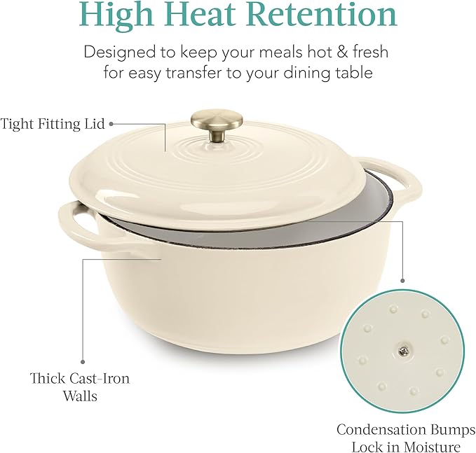 Best Choice Products 7.5 Quart Enamel Cast-Iron Round Dutch Oven, Family Style Heavy-Duty Pre-Seasoned Cookware for Home, Kitchen, Dining Room, Oven Safe w/Lid, Dual Handles - Vanilla Buttercream