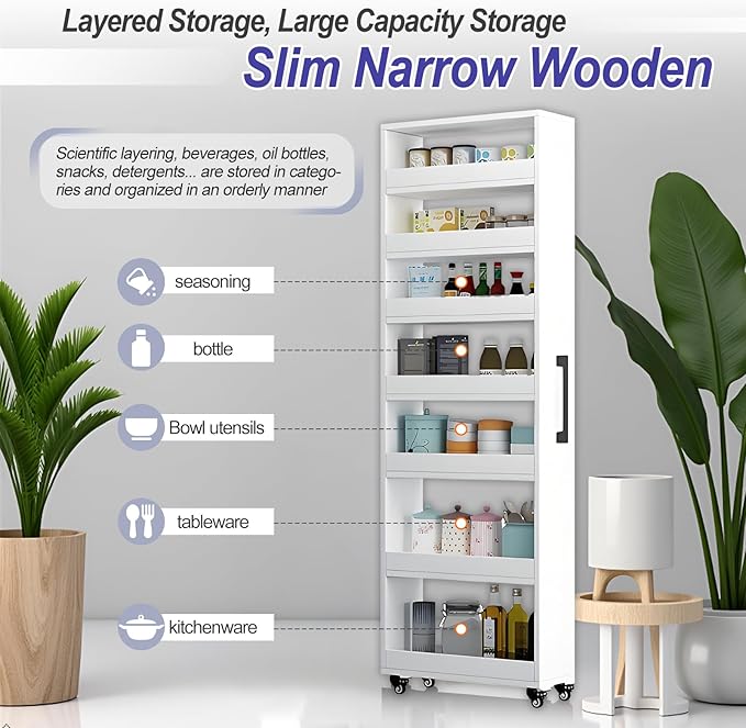 7-Tier Slim Storage Cart, Wooden Rolling Pantry Cabinet with Wheels, Narrow Shelf Organizer for Kitchen, Bakers Rack, Dining Room, Closet, Small Spaces Light Walnut 73.2" H*9.8" W*23.6" D