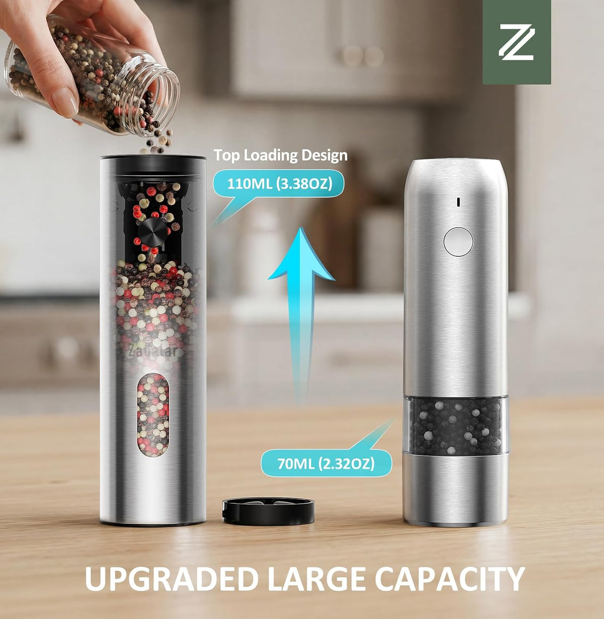 Rechargeable Electric Salt and Pepper Grinder Set with USB-C Charging Base – close-up