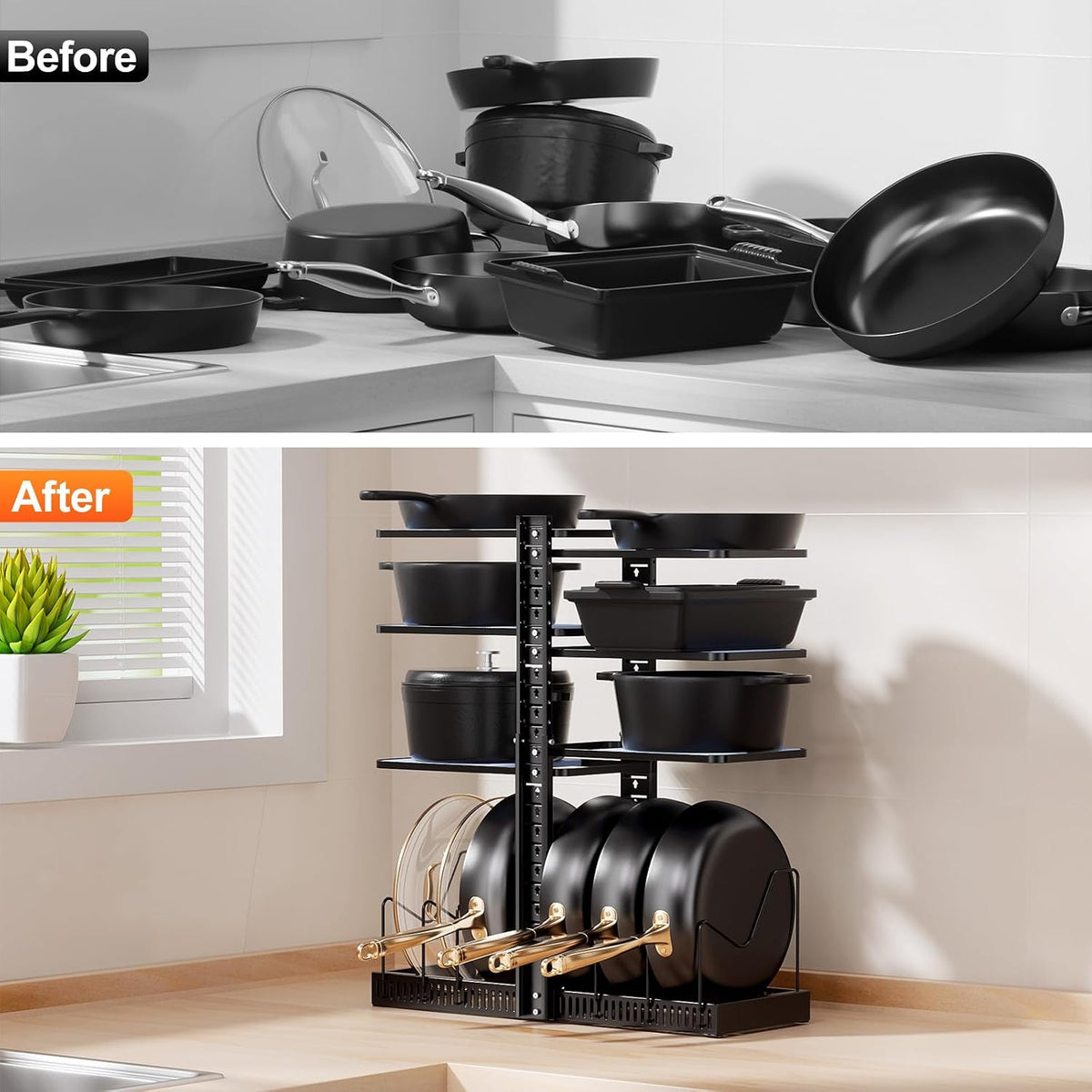 Pots and Pans Organizer under Cabinet, Kitchen Storage Rack, Black – another angle