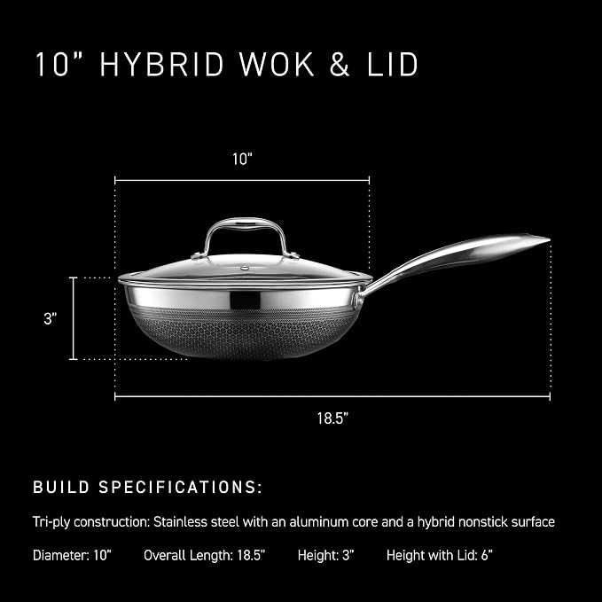 Wok Stir-Fry Pan, 10-Inch Hybrid Nonstick with Stainless Steel Lid