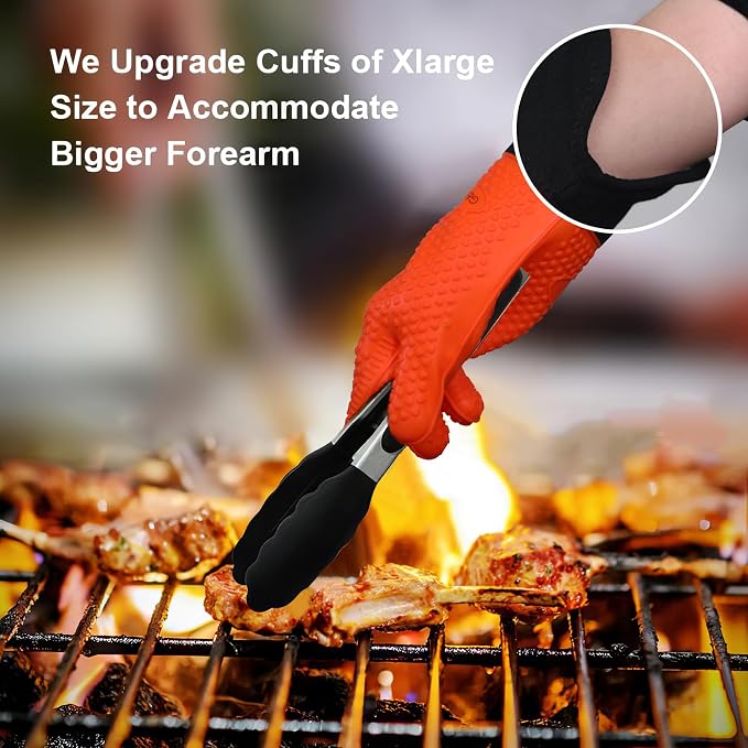 Silicone Grilling Oven Mitts, 14-Inch Long Cuff, Orange, 2-Pack