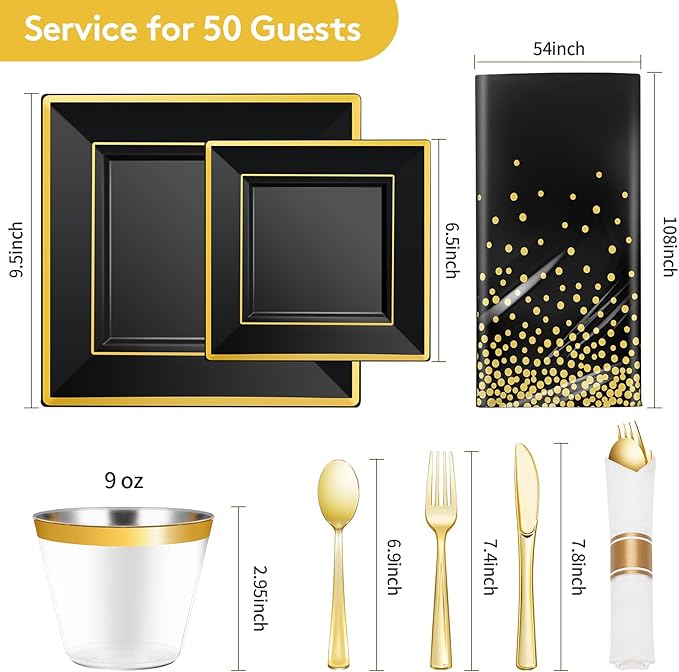 Party Plates Set, 352 Pieces in Black Plastic with Gold Rim
