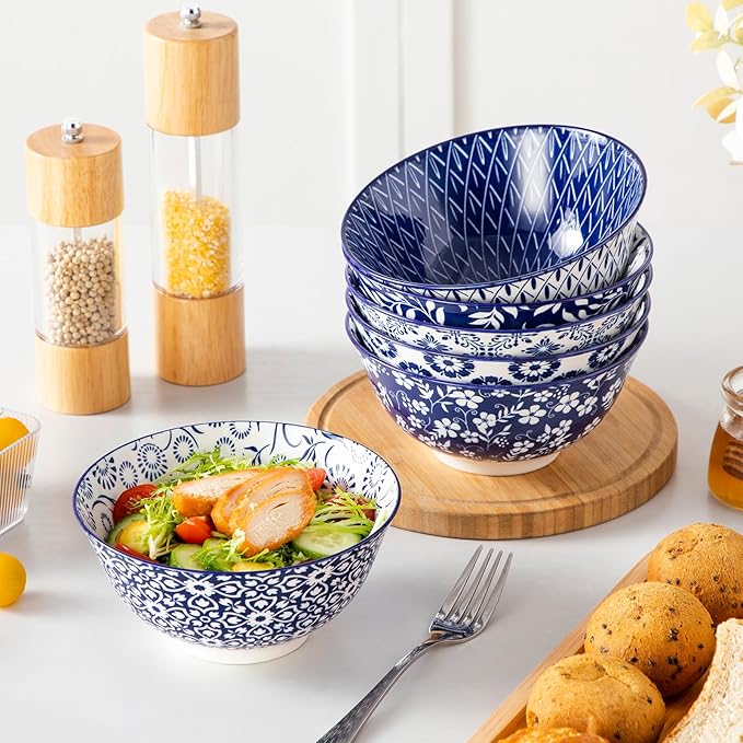 Porcelain Cereal Bowls Set of 6, 24 oz Blue Floral Design
