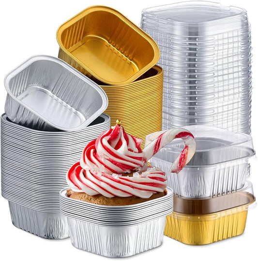 Aoriher 150 Pieces 10 oz Mini Cake Pans with Lids Aluminum Foil Baking Cups Square Disposable 4 x 4" Large Cupcake Cups Baking Tins for Kitchen Brownie Pudding Desserts Holder (All Golden,All Silver)