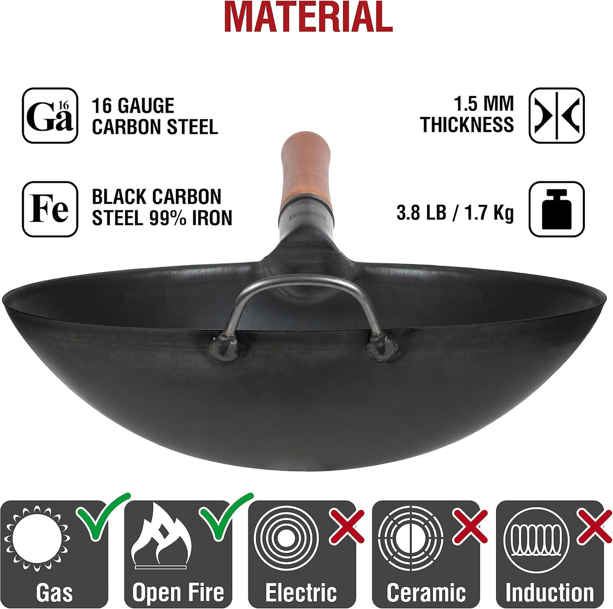 14" Black Carbon Steel Wok with Round Bottom – features