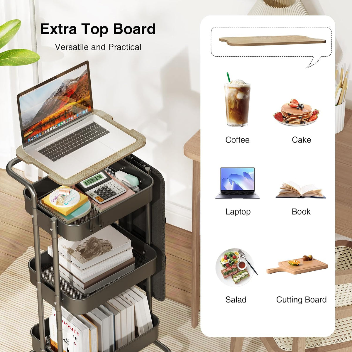 3 Tier Metal Utility Rolling Cart with Table Top and Side Bags, Tray Storage – detail