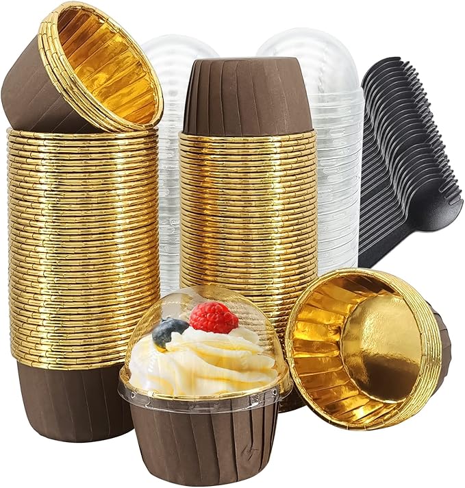 Baking Cups 100 Pack with Dome Lids, Foil Paper, Brown
