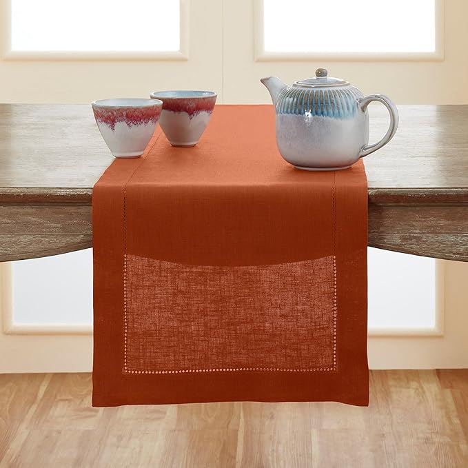 Table Runner, 100% Flax Linen Hemstitch, Cinnamon, 14 x 36 Inch