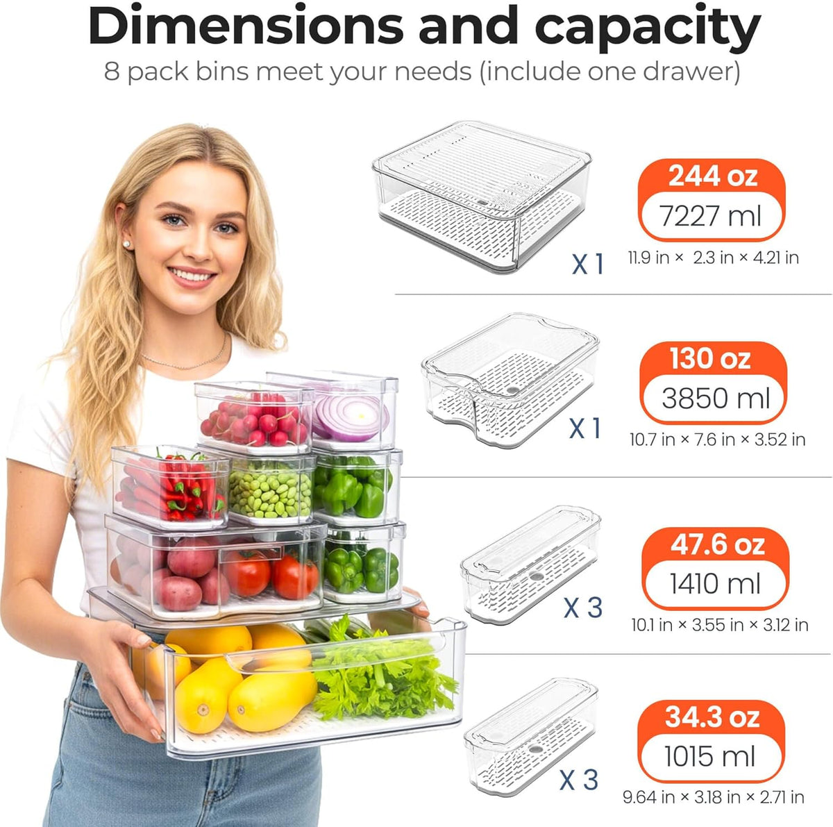 Clear Fridge Bins with Drain Trays - BPA-Free PET, Stackable (8) – features