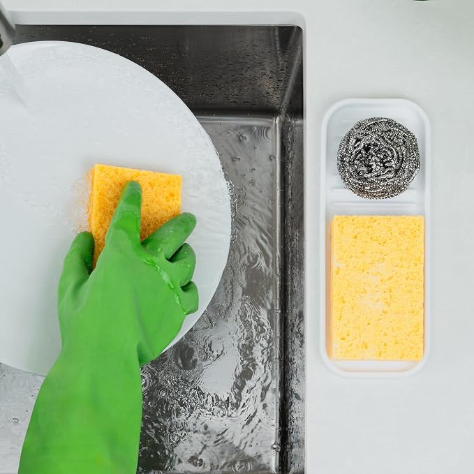 Sink Sponge Holder and Soap Tray, Silicone, White, 9 x 3.5 Inch