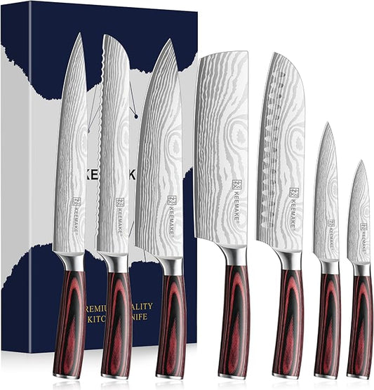 KEEMAKE Kitchen Knife Set, Ultra Sharp Chef Knife Set 7-Piece, High Carbon Stainless Steel Chefs Knife Set, Professional Knives Set for Kitchen with Pakkawood Handle and Gift Box