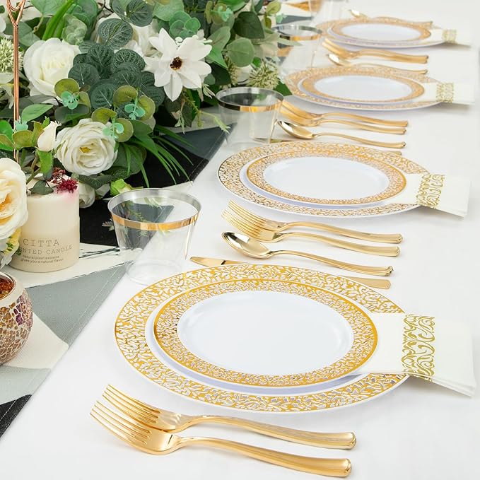 Plates: Gold Plastic Disposable Set for 50 Guests, Dinner and Dessert Sizes