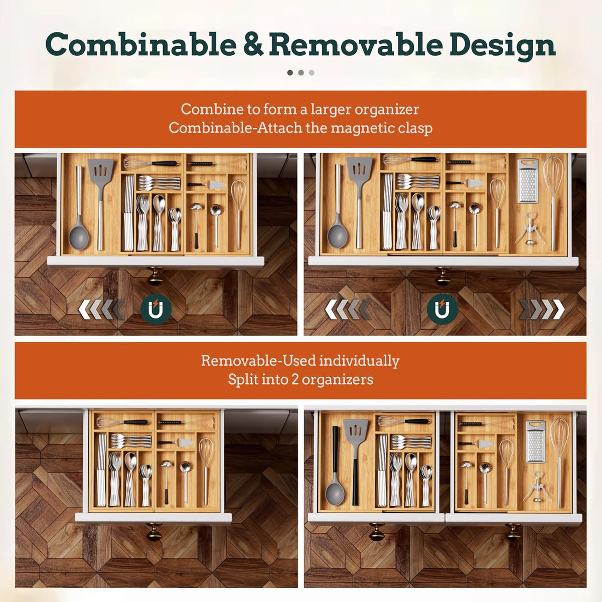 Silverware Organizer Large, Magnetic Connected Expandable 13 Slots Silverware – features