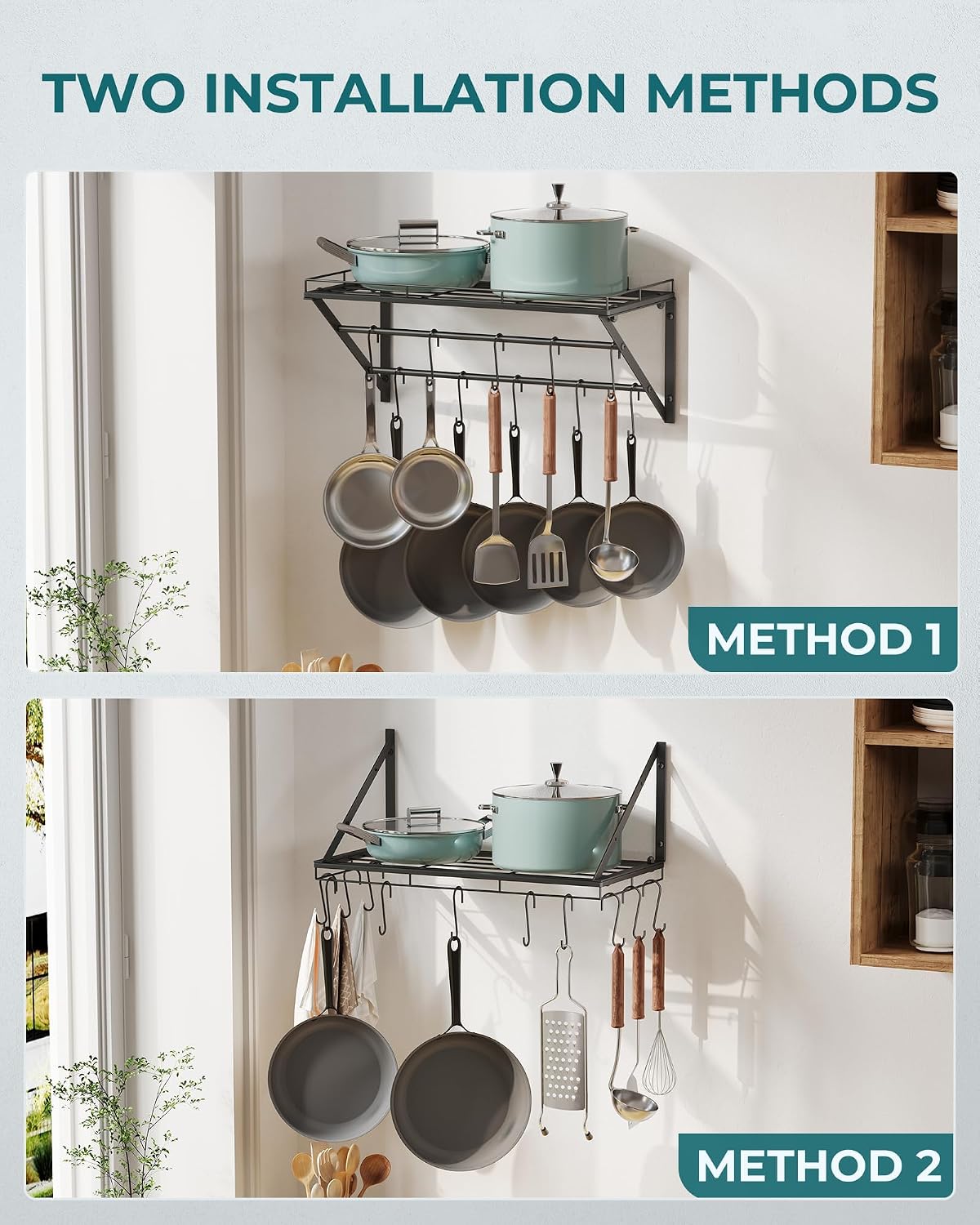 23" Pot Rack Wall Mounted, Pot Organizer with 2 Tier Hanging Rails – features