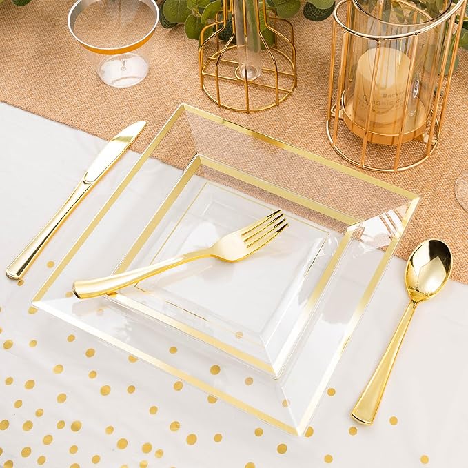 Plates Set, 352-Piece Clear Square Plastic with Gold Rim for 50 Guests