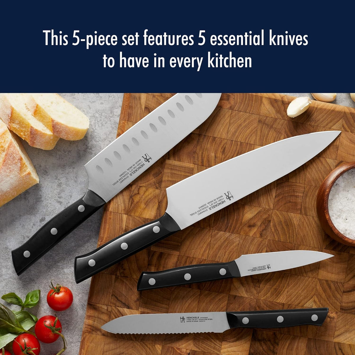 Dynamic 5-Pc Knife Set with Chef, Bread, Utility, Paring, Santoku – detail