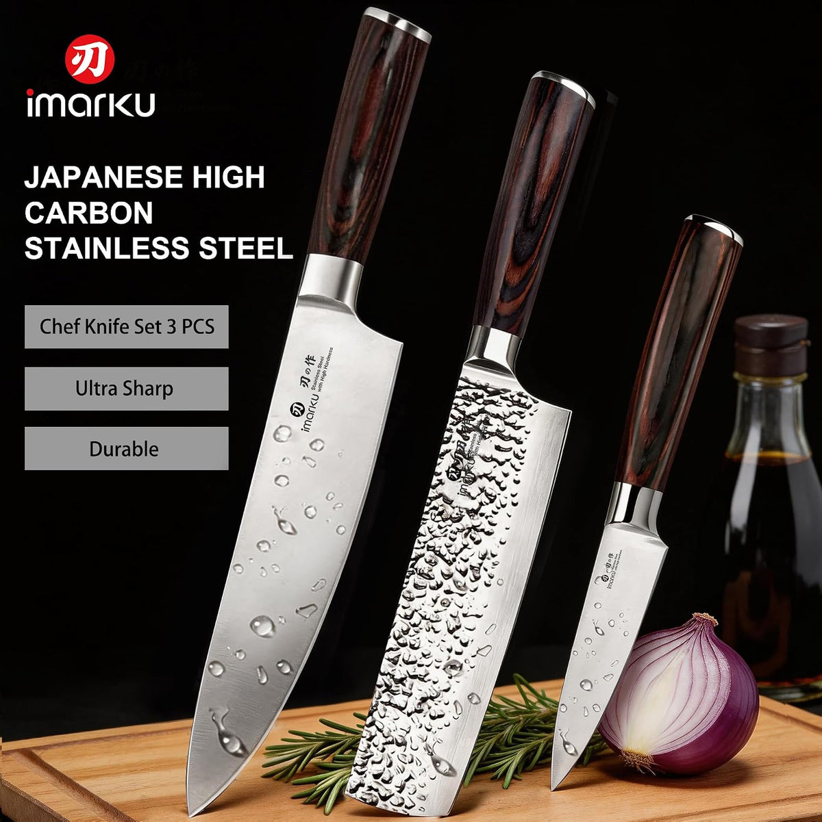 3 Pieces Knife set, Japanese HC Stainless Steel Kitchen Knife Set – size reference