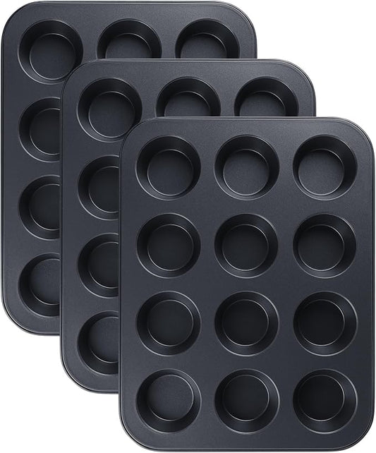 Muffin-Pan for Baking, Nonstick Cake Pan 12 Cups, 3 Pack Cup Premium Cheesecake Pans, Cupcake Baking Pan for Oven 13.2 * 10 * 1.1in Black