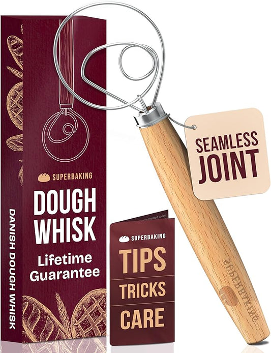 Superbaking Danish Dough Whisk - 12" Bread Whisk for Dough Mixing - Single Eye Design Sourdough Whisk - Sourdough Bread Baking Supplies - Bread Making Tools and Accessories - Ergonomic Wooden Handle