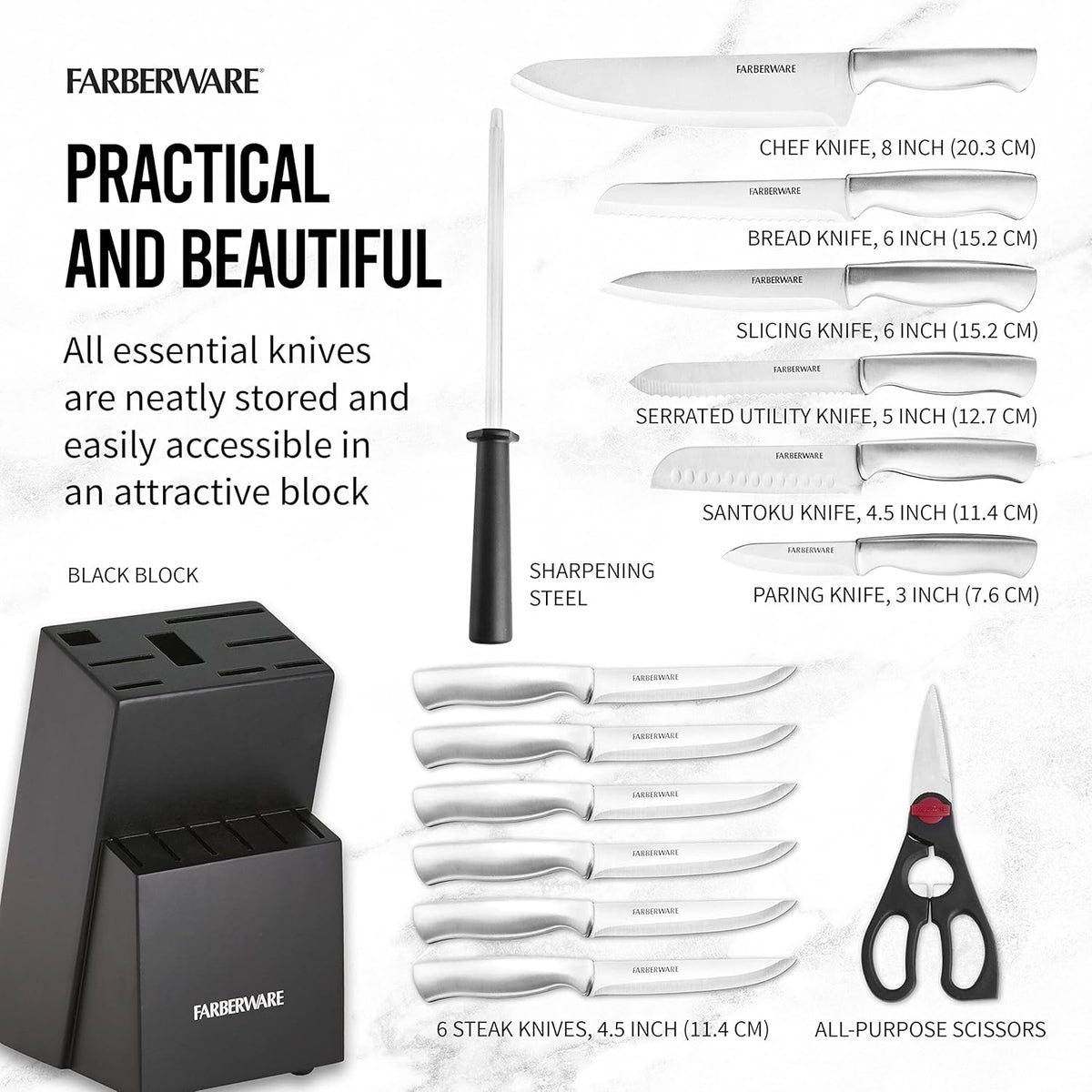15-Piece Kitchen Knife Set, High-Carbon Stainless Steel Blades with Wood Block – alternate view