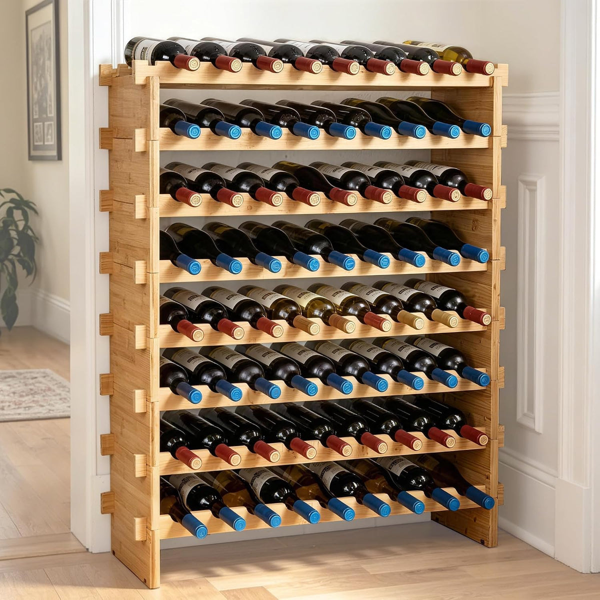 Wine Rack 72 Bottles 8-Tier Stackable Bamboo Freestanding Natural