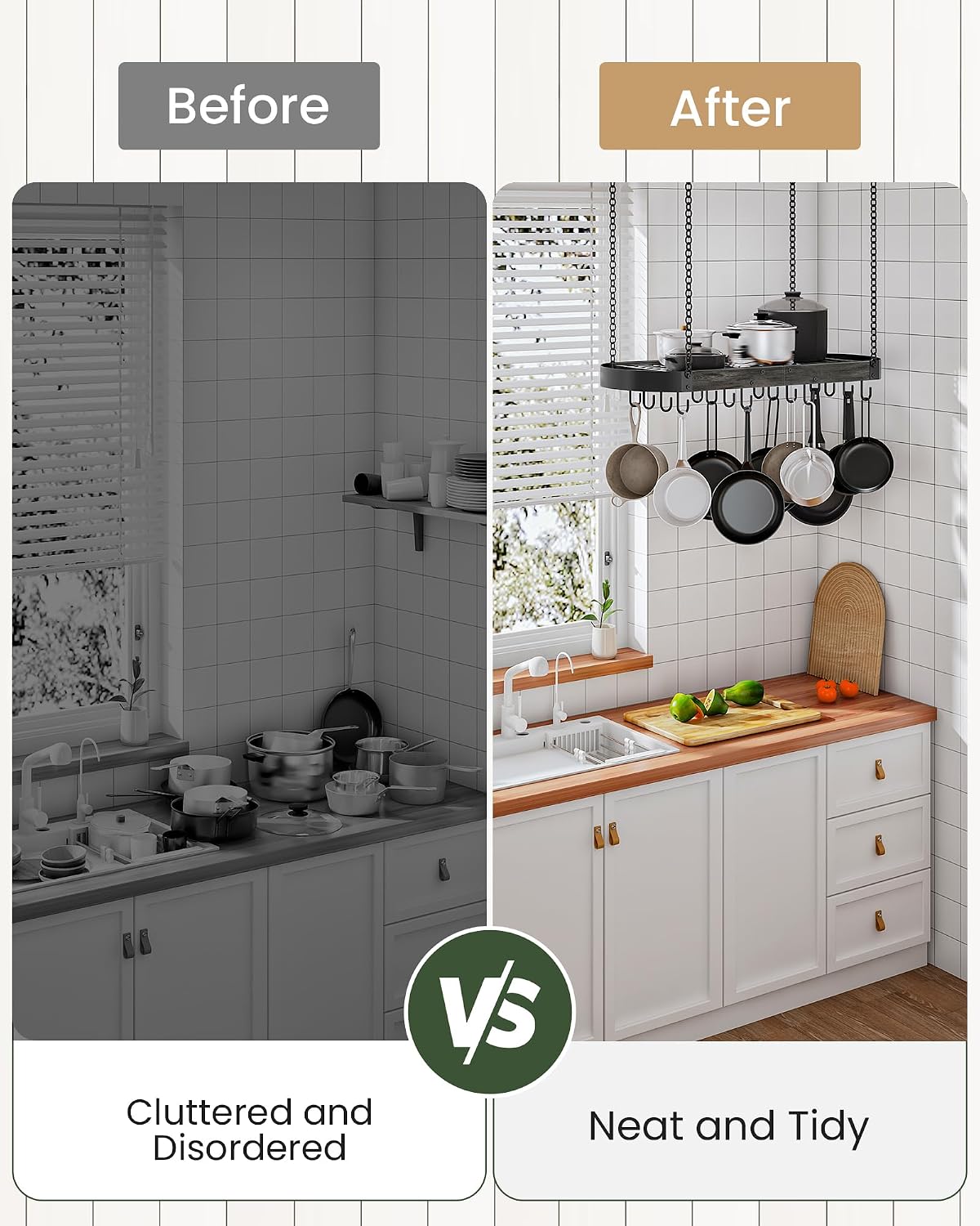 31.7-Inch Hanging Pot Rack, Space-Saving Pot Hanger for Kitchen, Ceiling Pan – size reference
