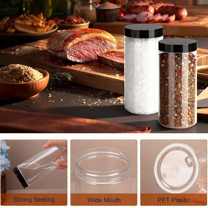 Clear Plastic Food Storage Jars with Black Lids, 34 Pack 16 oz