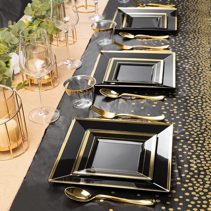 Party Plates Set, 352 Pieces in Black Plastic with Gold Rim