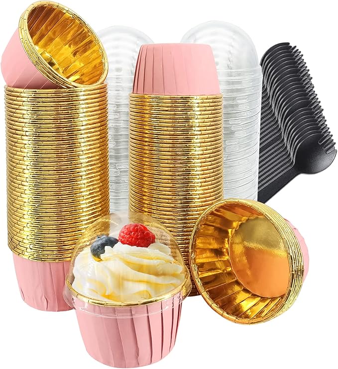Baking Cups, 100 Pink Mini Foil Liners with Dome Lids
