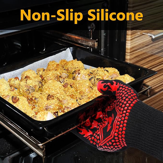 Oven Mitts, Red Silicone Non-Slip Long Cuff Pair