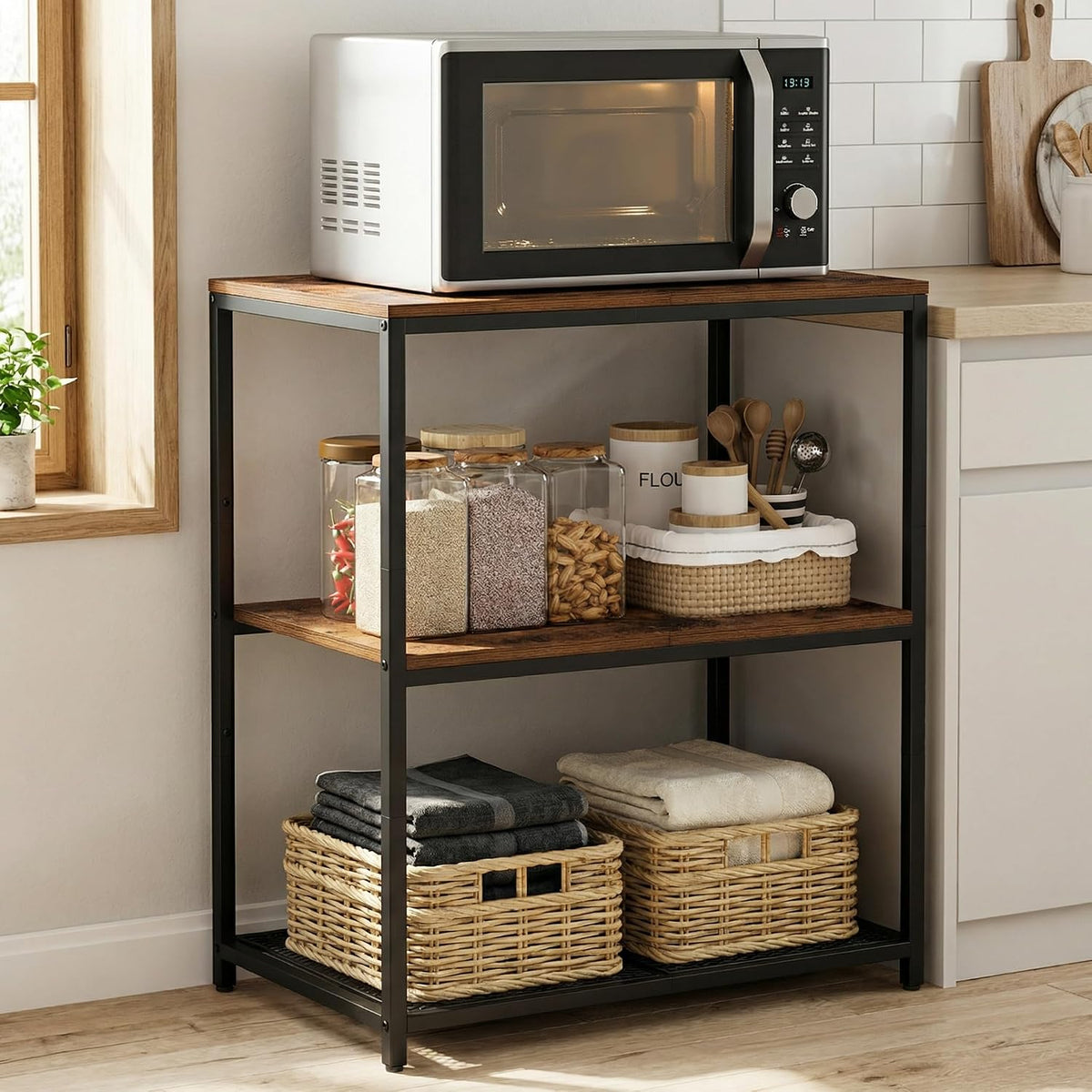 Kitchen Island with 3 Shelves, Workbench, Microwave Stand