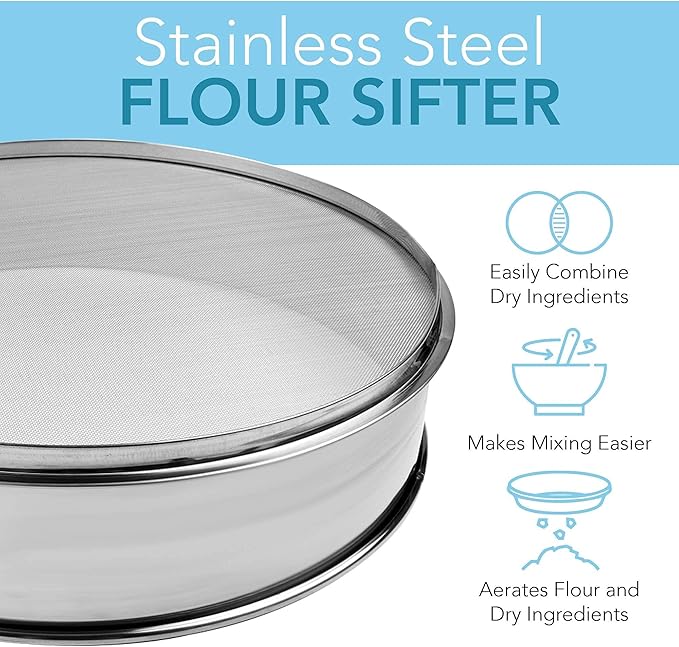 Stainless Steel Flour Sifters, Set of Fine Mesh Round Flour Sieves for Baking - 8" Diameter x 2.5" High and 9.5" Diameter x 2.5" High; Both 50 Mesh