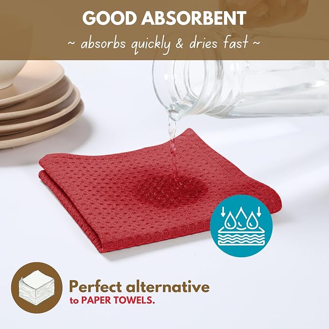 Kitchen Towels 4-Pack, 100% Cotton Waffle Weave, 16x26 Inches, Red