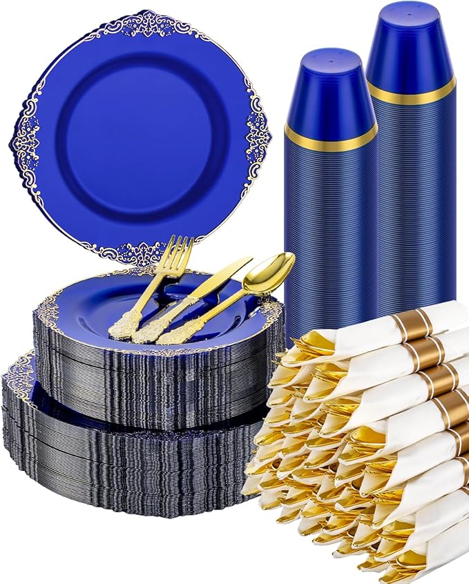 Clear Blue Plastic Plates Set, 350 Pieces for 50 Guests
