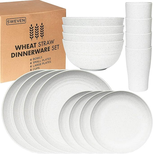 Wheat Straw Dinnerware Sets | Unbreakable Dinnerware Sets | Dishwasher Microwave Safe Dinnerware | Eco Friendly Non Breakable Dinnerware Sets | RV Outdoor Camping (White, Service for 4 (16 pcs))