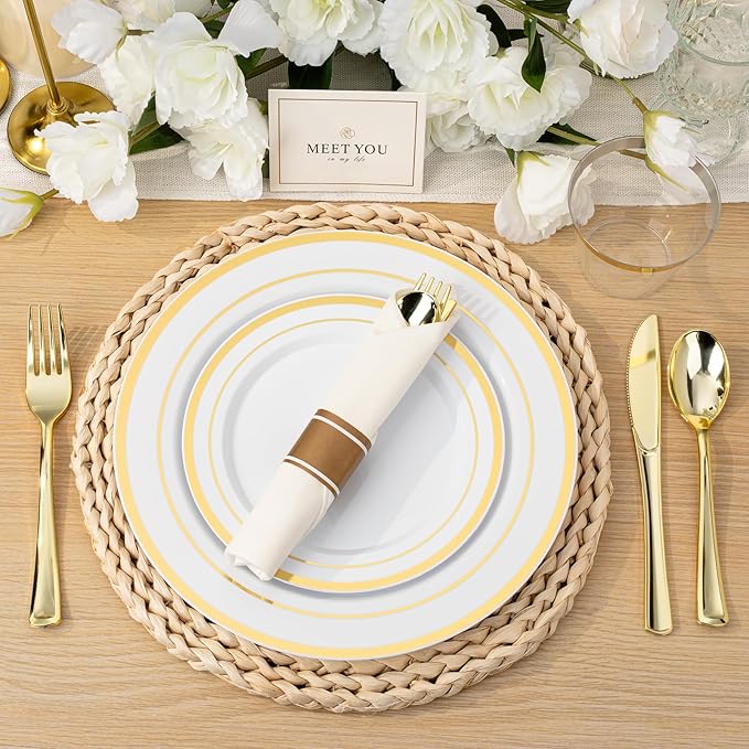Plates with Gold Rims: 100 Dinner and Salad Plastic Plates