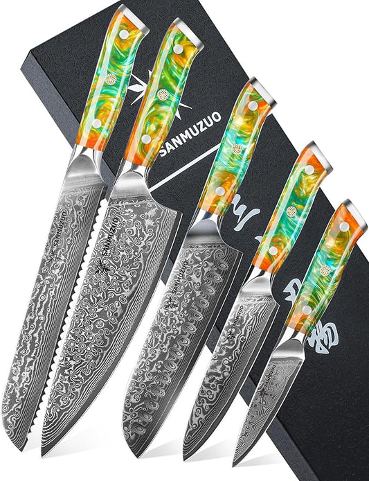 Chef Cooking Knives Set- Kitchen Knife Set of 5 Piece - Ultra-Sharp VG10 Damascus Steel & Resin Handle - Xuan Series (Fantasy Orange)