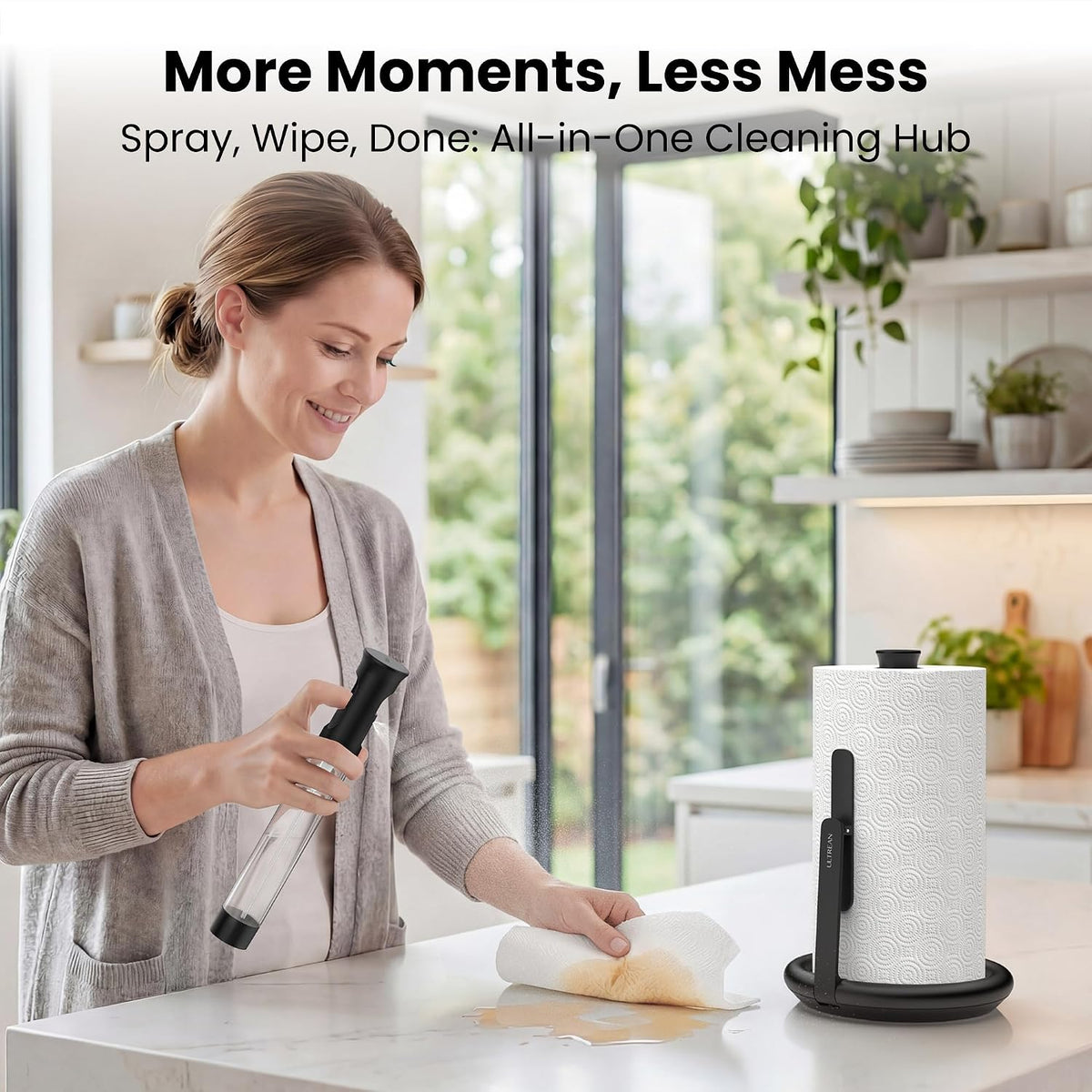 Paper Towel Holder with Spray Bottle, Countertop Freestanding Paper Towel – close-up